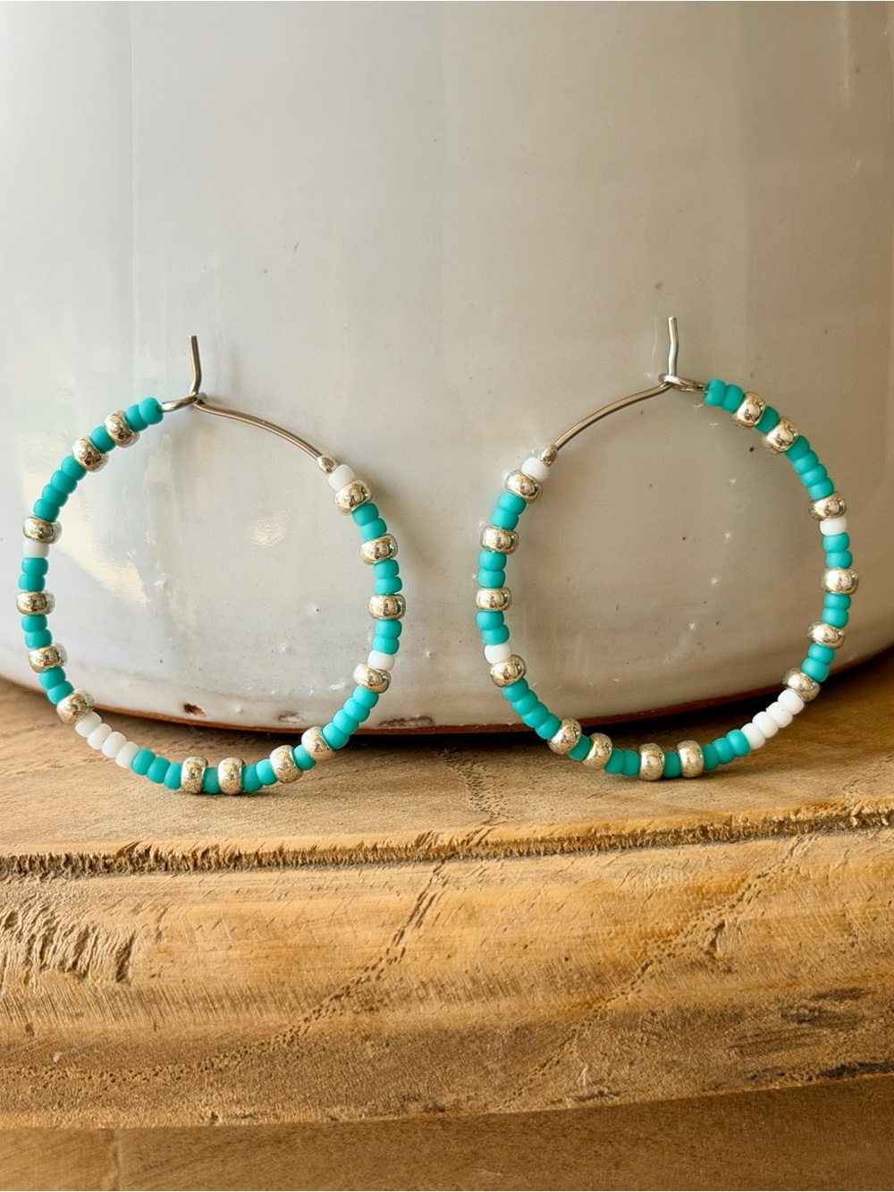 Turquoise and Silver Bead Hoop Earrings